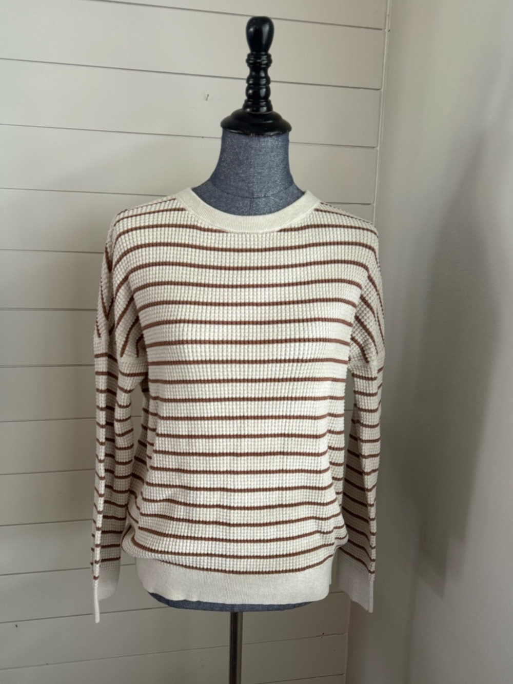 REI Cream and Brown Striped Long Sleeve Waffle Knit Tee